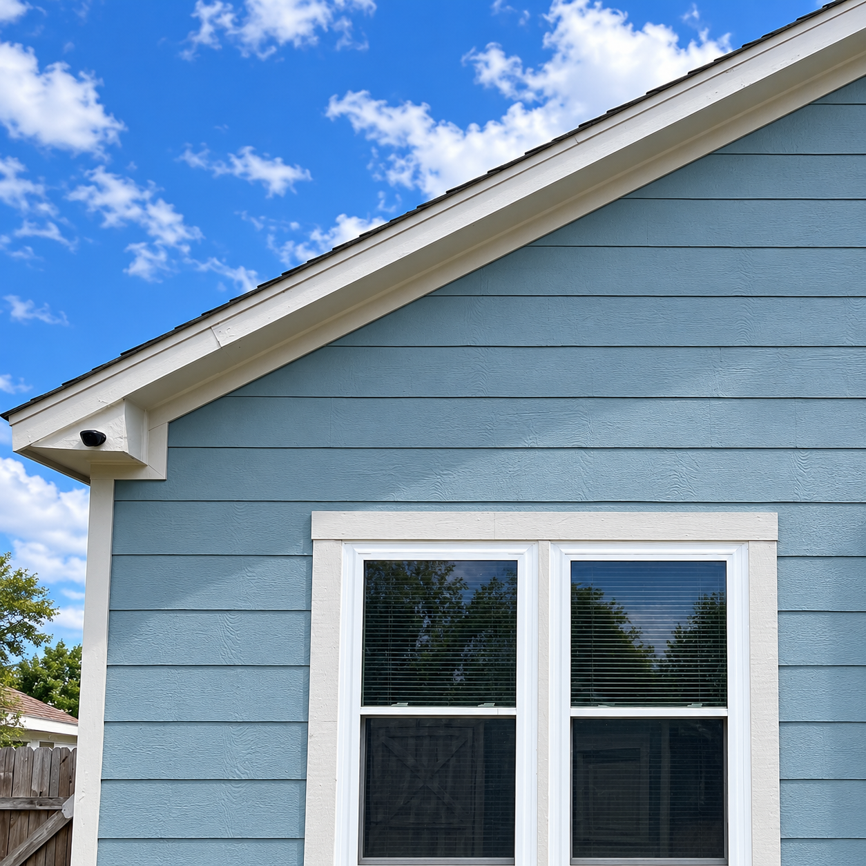 Blue house exterior with white-trimmed window and gable under a partly cloudy sky