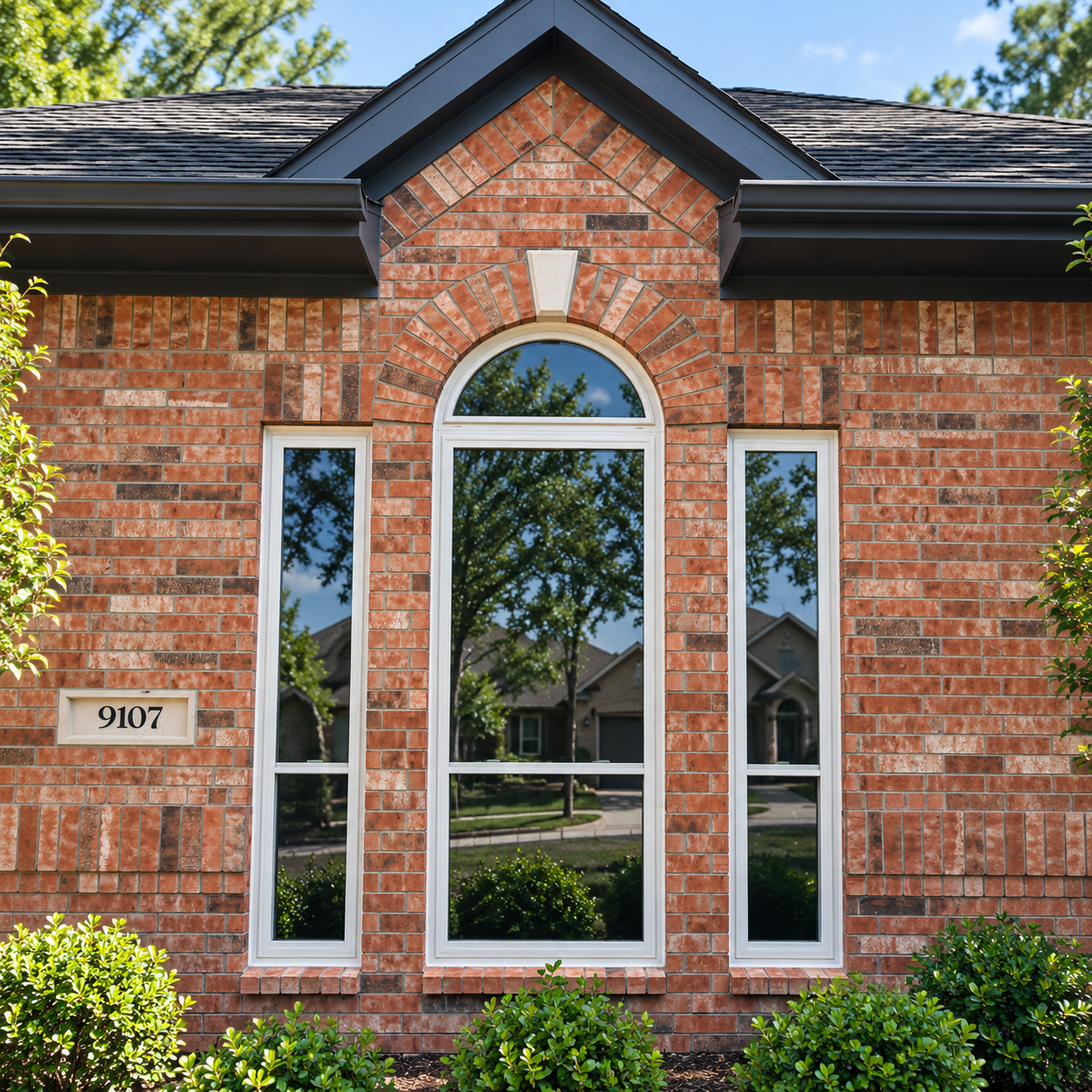 Brick house facade with arched center window, tall side windows, and address plaque 9107