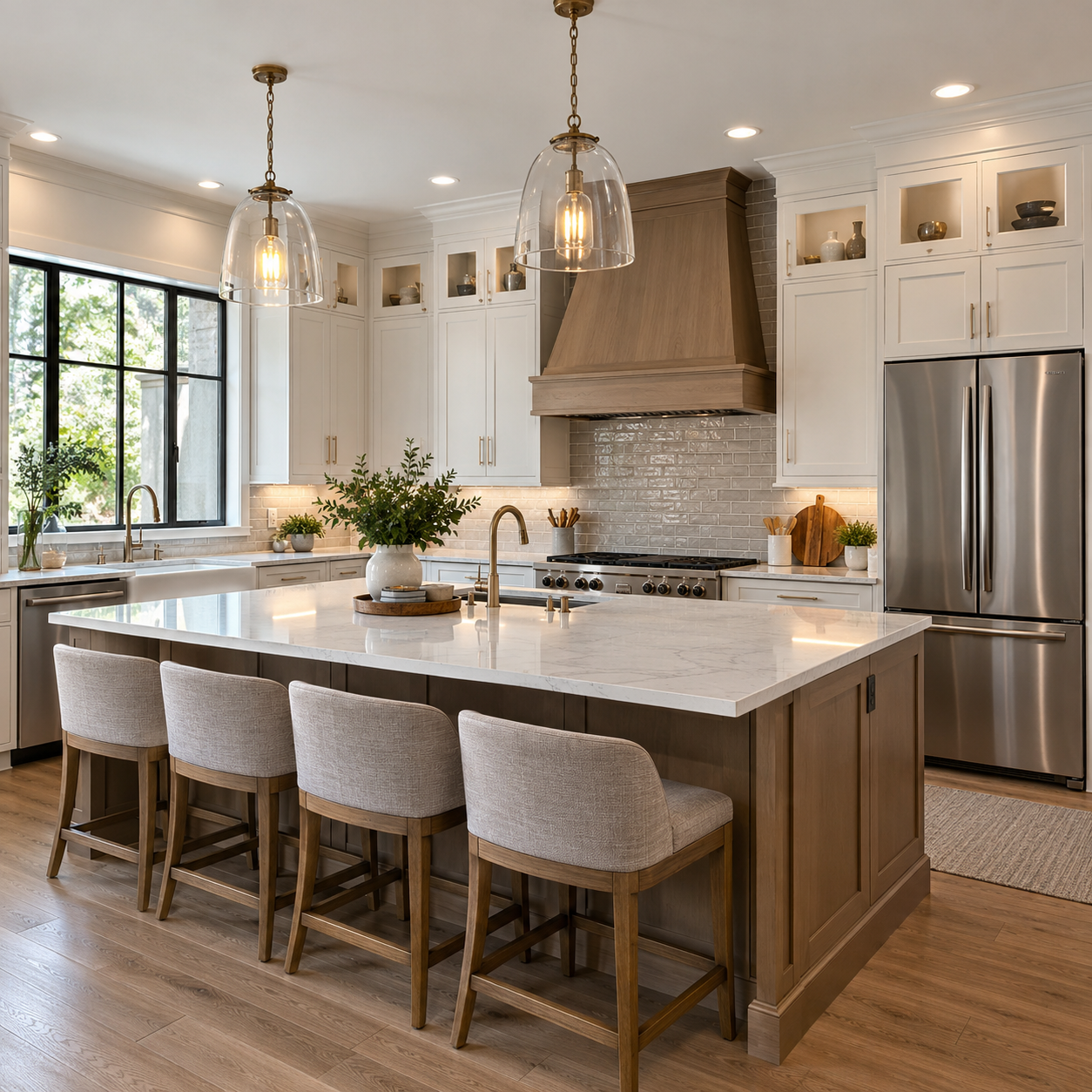 Bright modern kitchen with white cabinets, marble island, pendant lights, and stainless steel appliances