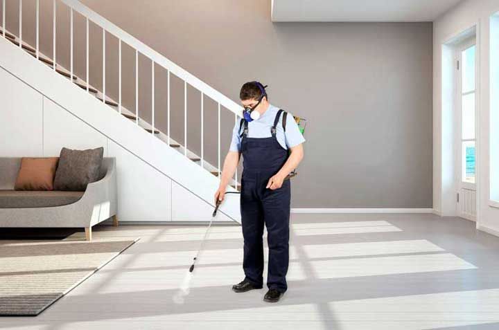 Un hombre está rociando insecticida en el suelo de una sala de estar.