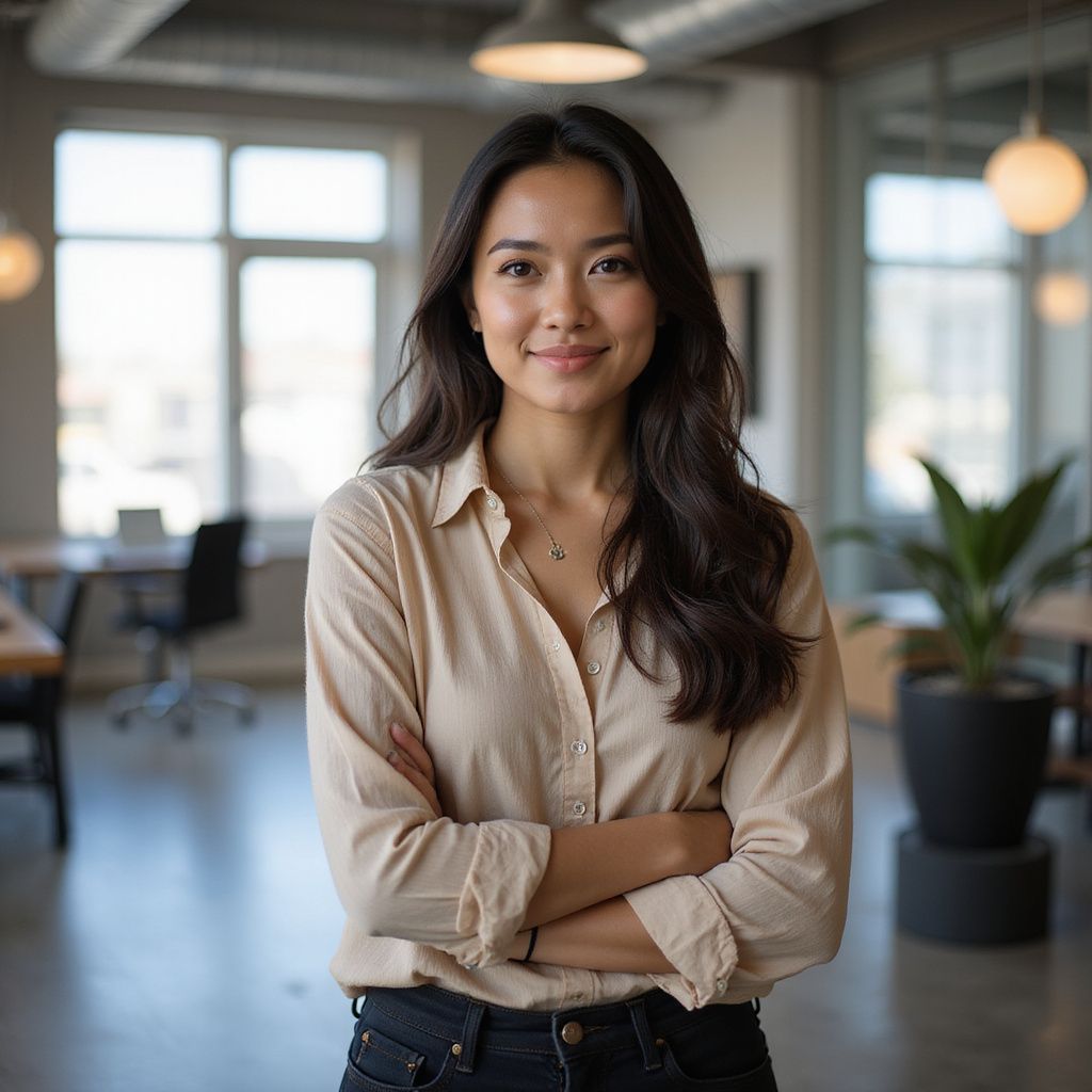 Woman with arms crossed, smiling in an office setting, wearing a tan shirt and dark pants.