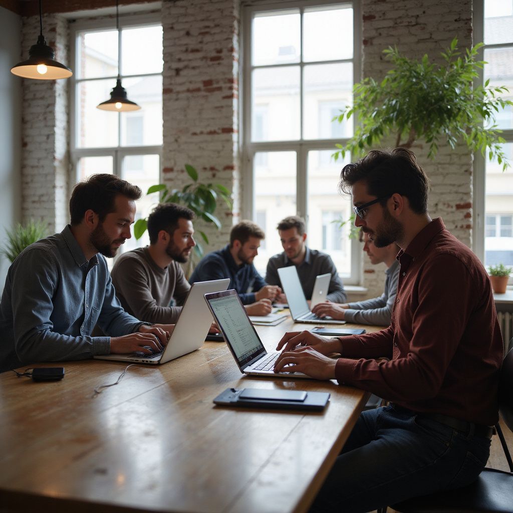 Men working on laptops at a wooden table in an office, sunlight streaming in from windows.