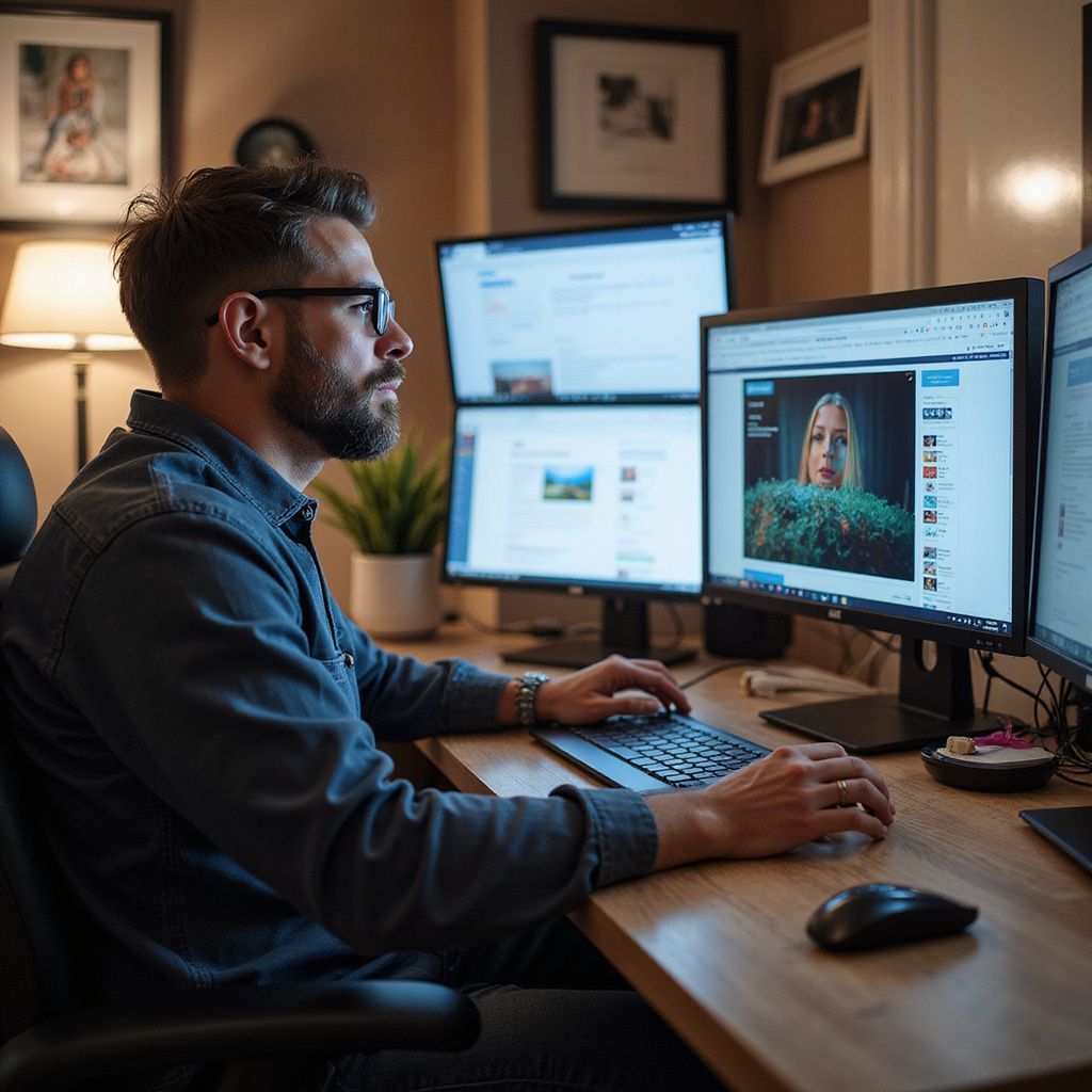 Man with glasses works at desk with multiple computer monitors.