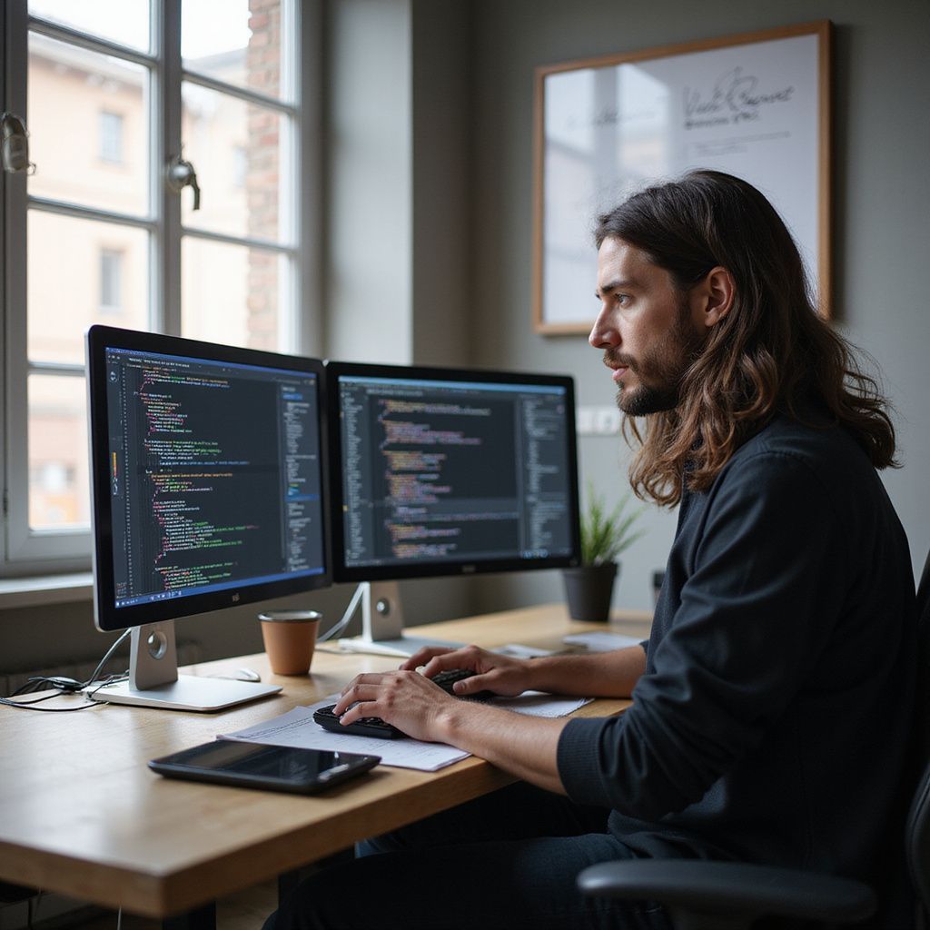 Man with long hair coding on two monitors at a desk near a window.