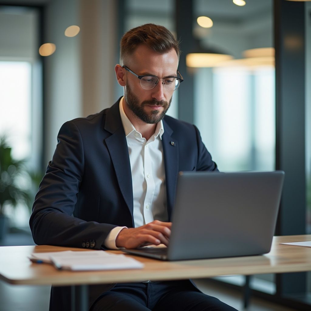 Man in suit working on laptop at desk in office.