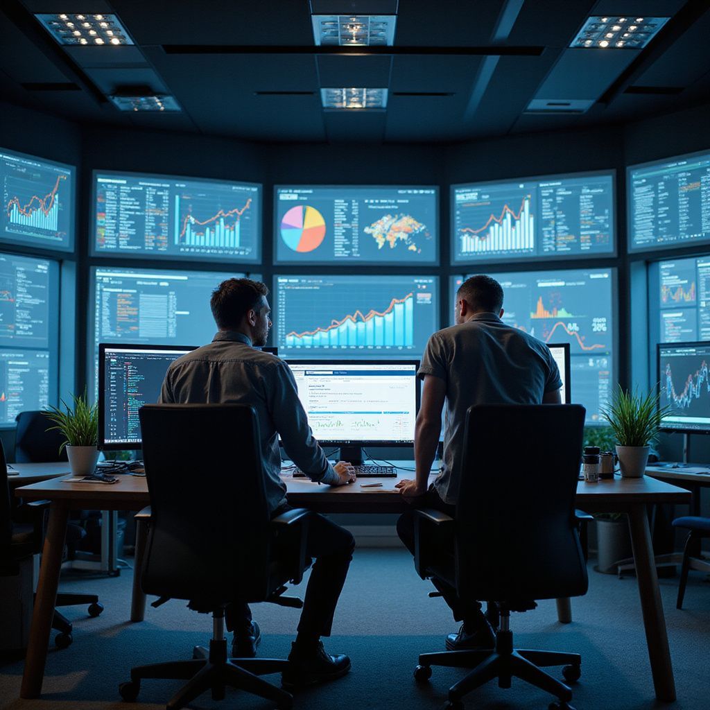 Two men analyze data on multiple screens in a dim, modern office, focused on stock charts.