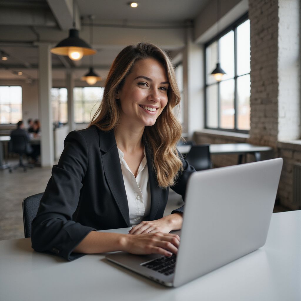 Woman in black blazer smiles, working on laptop in modern office.