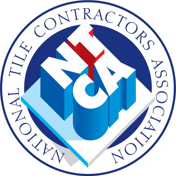 A circular logo for the National Tile Contractors Association featuring the 3D blue and white letters