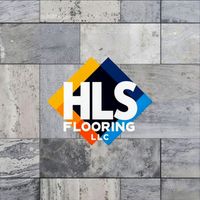 Logo for HLS Flooring featuring an L-shaped pattern of red, yellow, and black square tiles next to the company name.