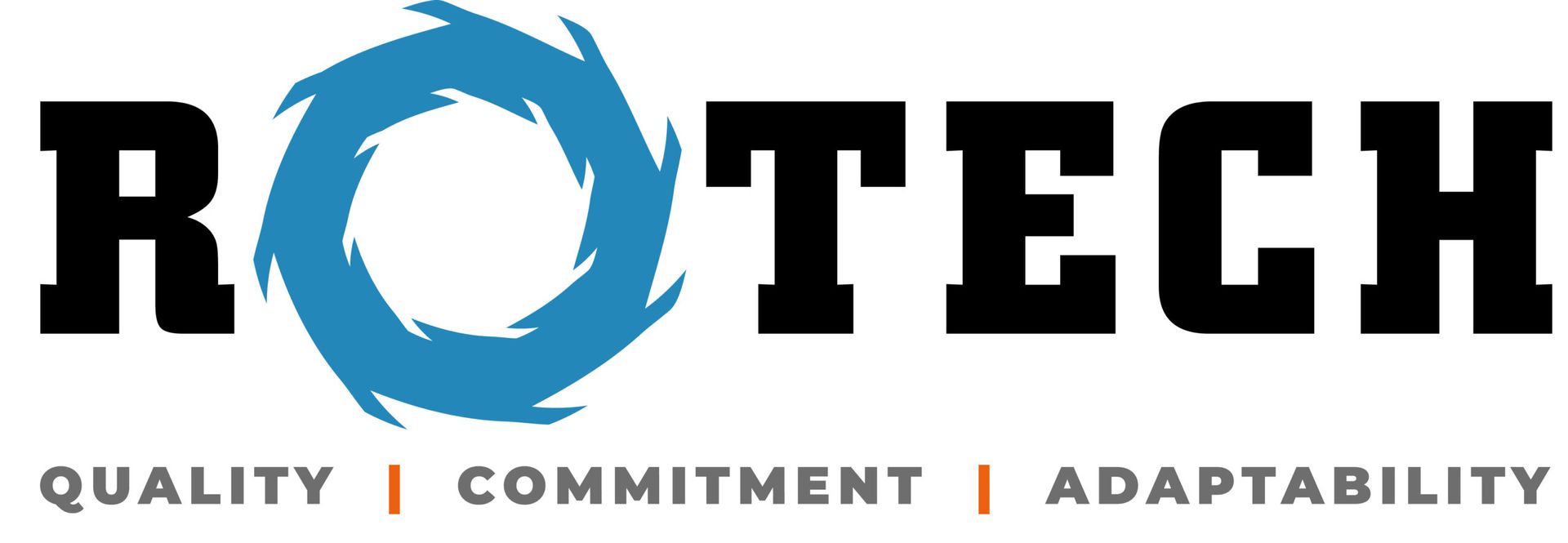 Logo for ROTECH, a company, with a blue swirl design and bold black text, with 