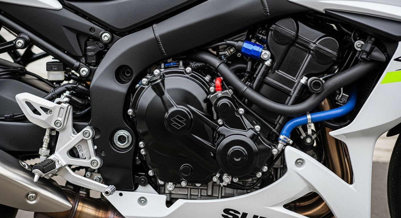 Close-up de um motor de motocicleta preto com detalhes em azul e vermelho, em contraste
