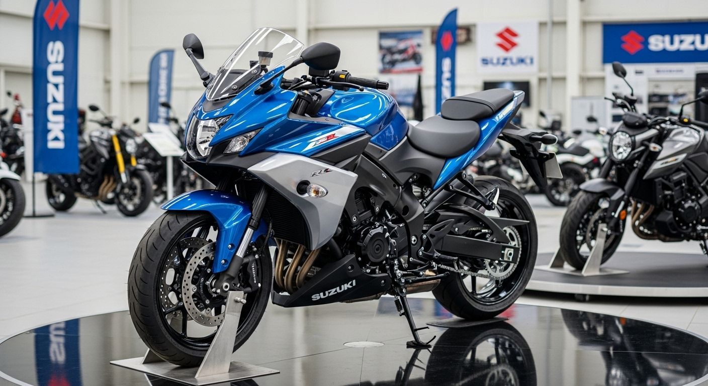 Motocicleta esportiva Suzuki azul e prata em exposição em um showroom.