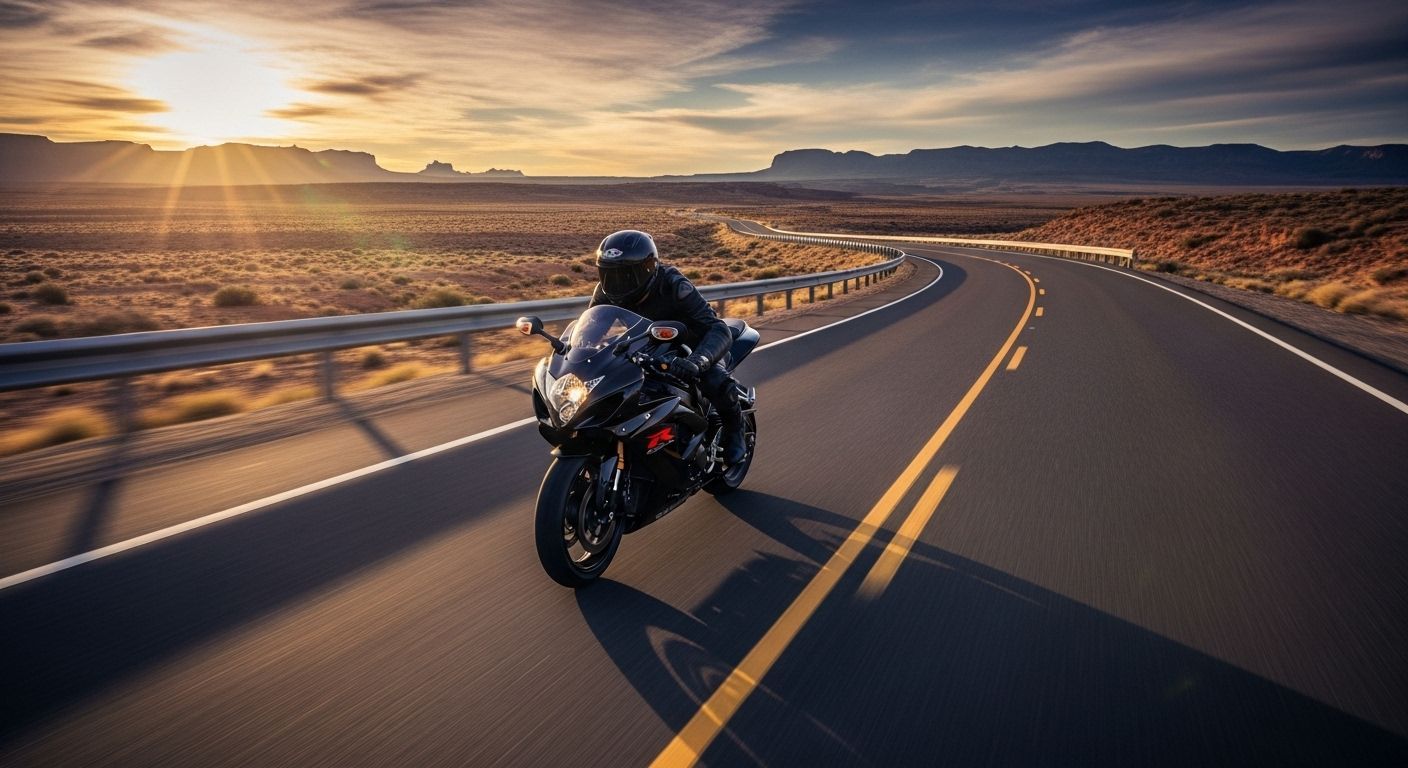 Um motociclista pilota uma moto esportiva preta em uma rodovia deserta ao pôr do sol.