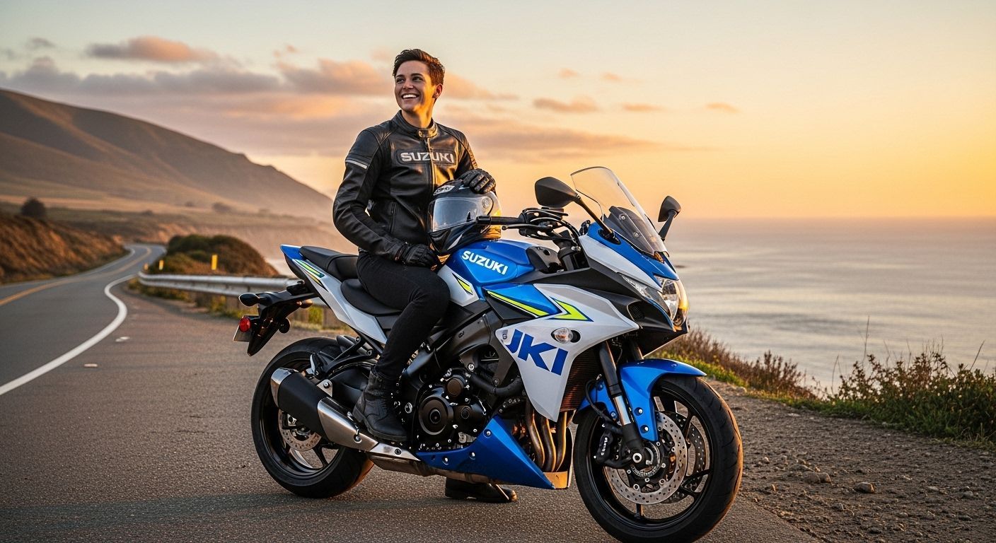Homem sentado em uma motocicleta Suzuki azul à beira de uma estrada costeira ao pôr do sol.