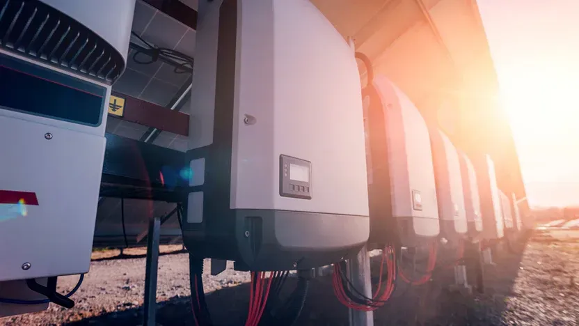 A group of inverters shown connected to an array of solar panels.