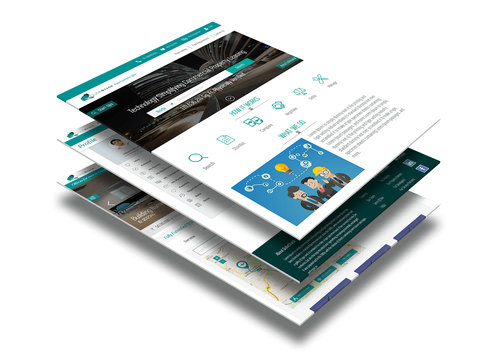 Pages from a website, stacked isometrically.