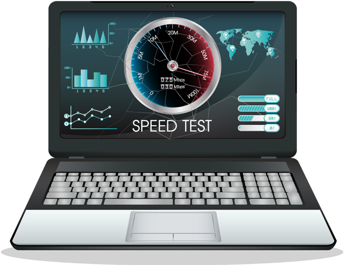 A laptop display a speed test page.