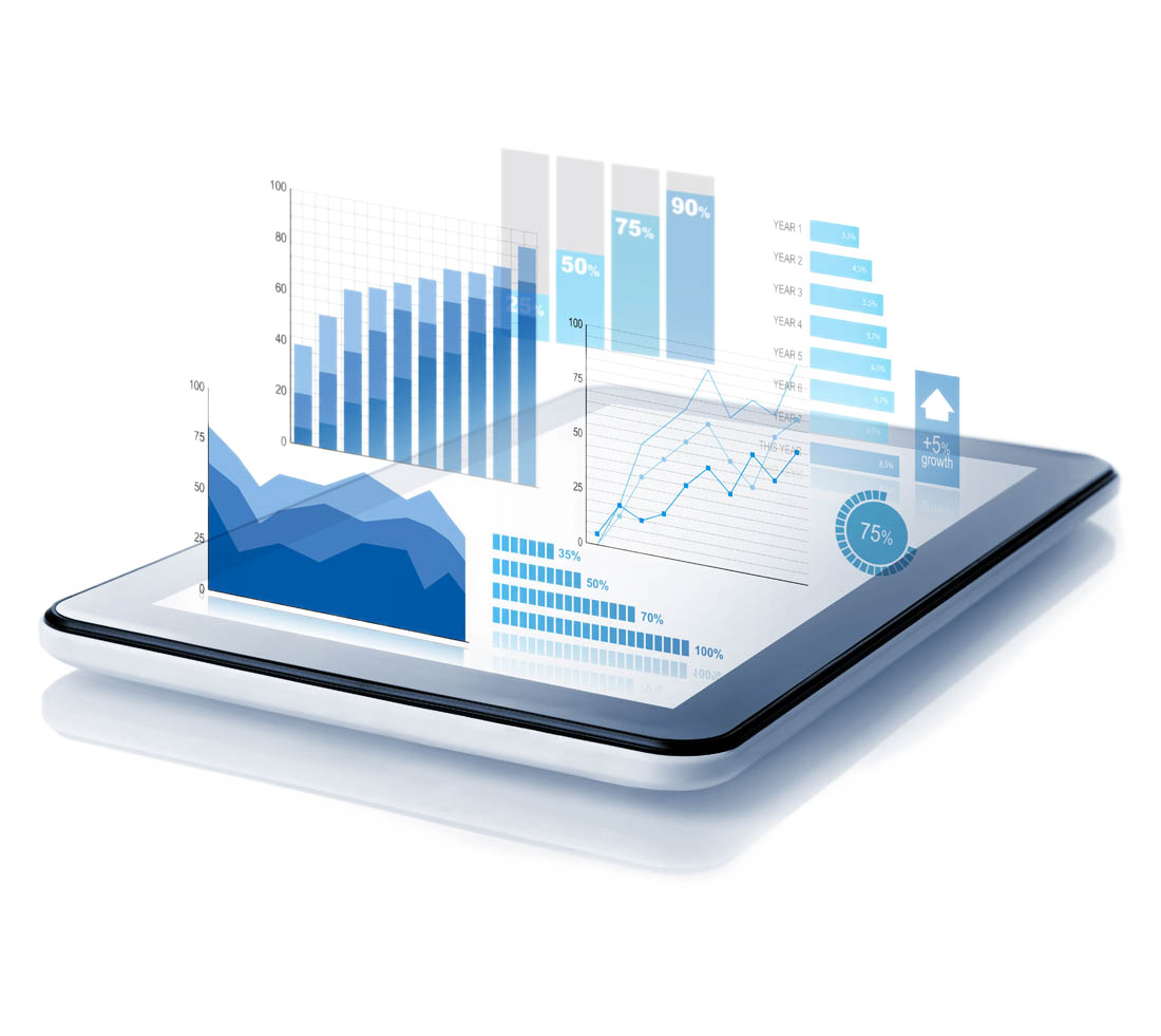 A holographic group of graphs displaying out of a tablet.