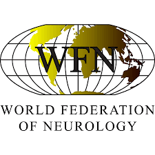 a logo for the world federation of neurology with a globe in the middle .