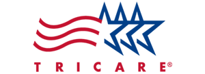 a red white and blue logo for tricare