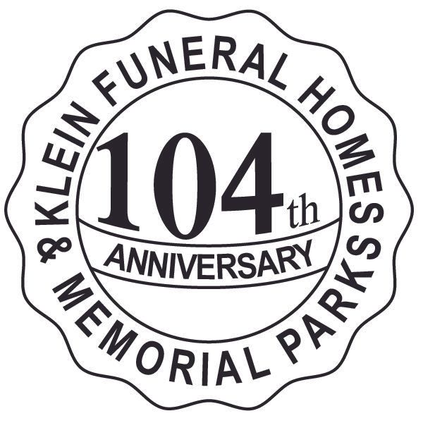 Klein Funeral Homes & Memorial Parks 104th Anniversary logo, a circular emblem with text and the number