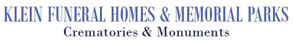 Klein Funeral Homes & Memorial Parks logo. Blue text on a white background. Includes crematories and monuments.