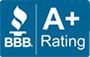 BBB A+ Rating logo, blue background, white flame, and text.