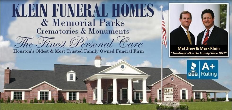 Advertisement for Klein Funeral Homes with a building, and two men in suits.