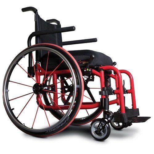 A red and black wheelchair on a white background