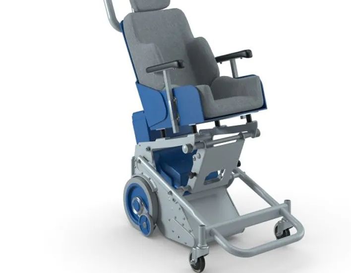 Gray-and-blue stair-climbing wheelchair with padded seat and footrest, shown in profile on a white background
