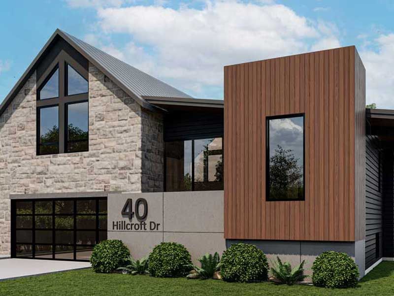 Modern house exterior with stone and wood facade, large windows, and a sign reading 40 Hillcroft Dr.