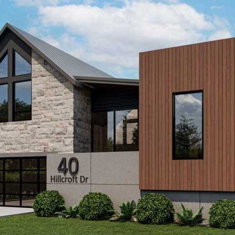 Modern office building exterior with stone and wood facade, sign reading “40 Hillcroft Dr.”