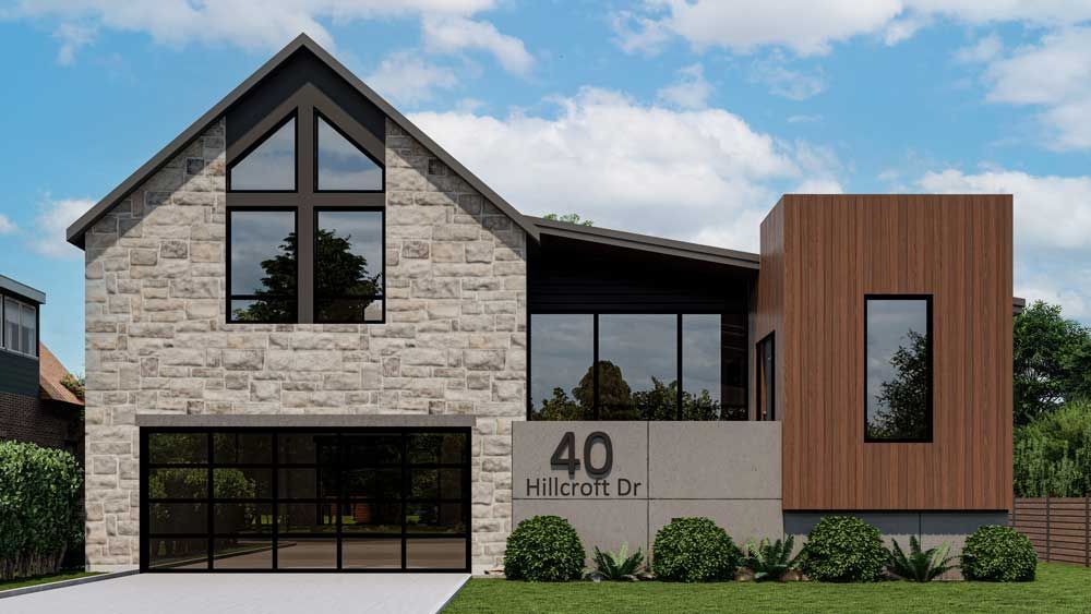 Modern stone-and-wood house exterior with large windows and the number 40 on the front wall