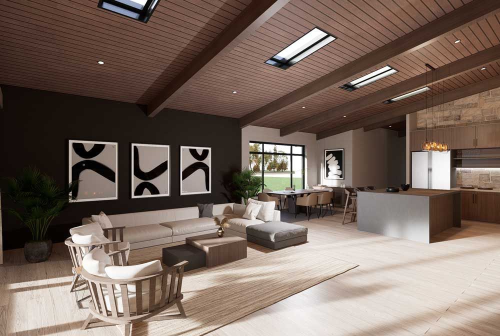 Modern living room with sloped wood ceiling, abstract wall art, white furniture, and large windows