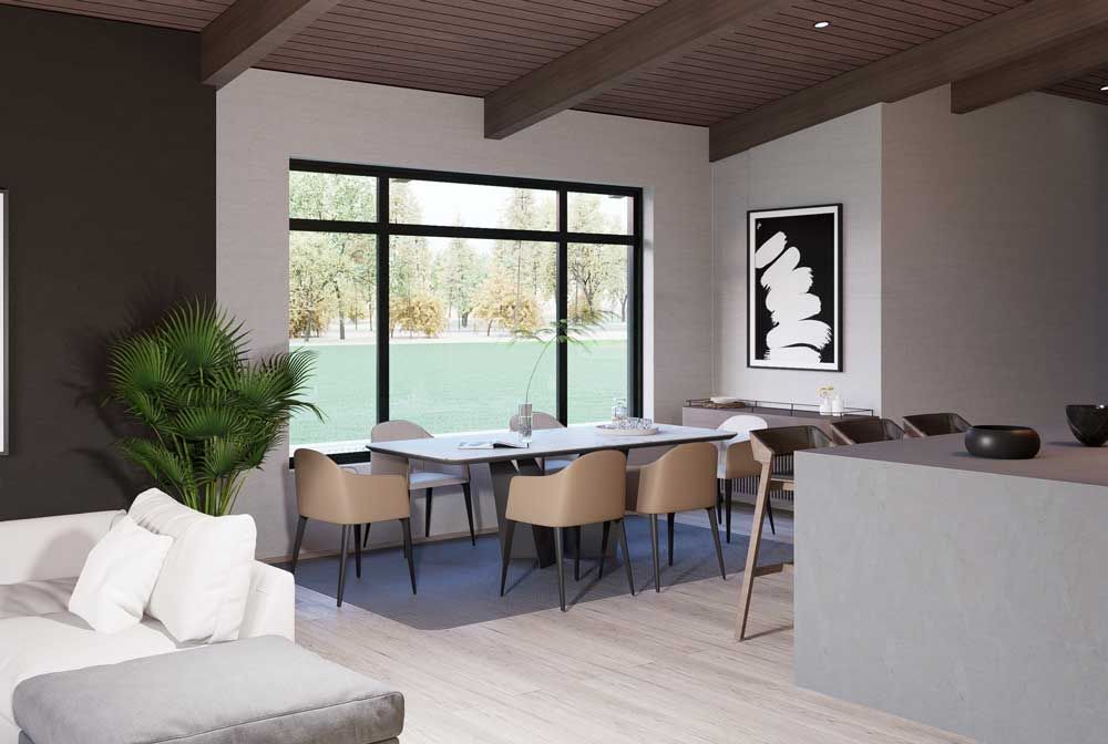 Modern dining room with a large window, table and chairs, and a sofa in a minimalist home interior