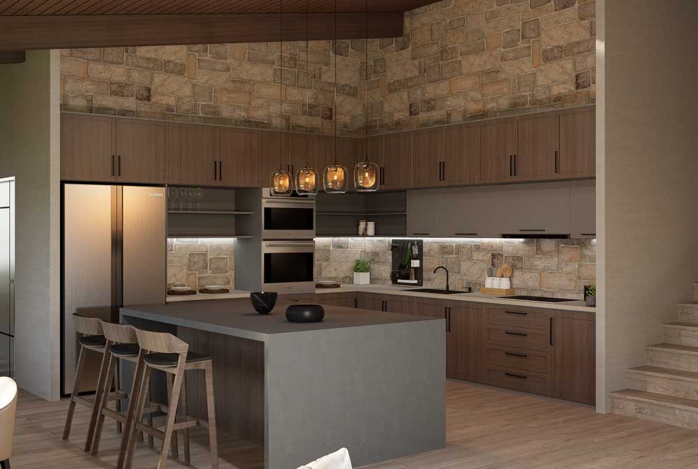 Modern kitchen with island, stainless fridge, wood cabinets, stone backsplash, and staircase on the right