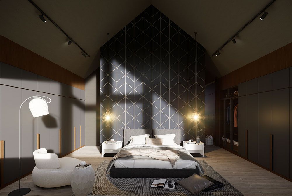 Stylish bedroom with a large bed, geometric accent wall, floor lamp, and soft lighting