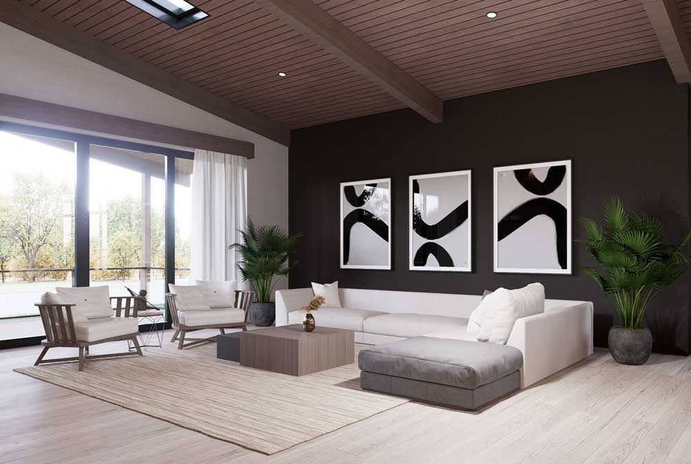 Modern living room with white sectional sofa, abstract art, beige rug, and large windows.
