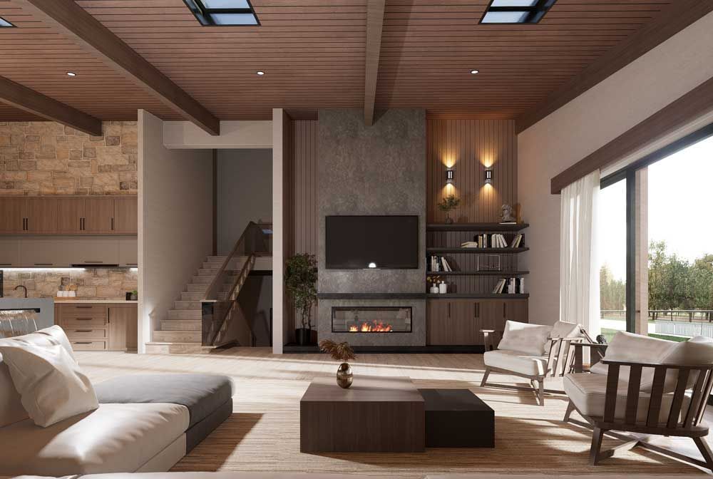 Modern living room with fireplace, wood ceiling, large windows, and minimalist furniture