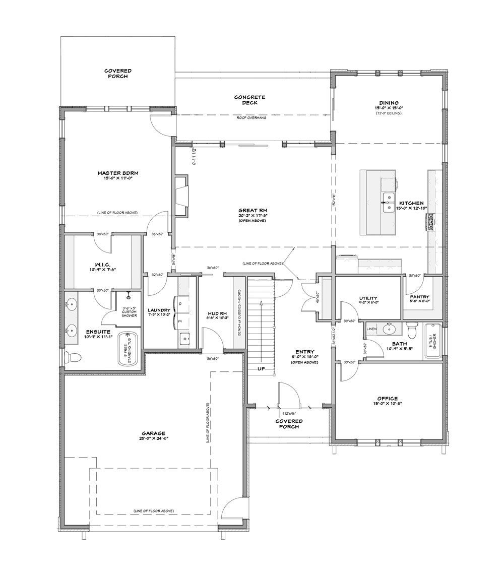 Black-and-white architectural floor plan of a multi-room house with labeled rooms and dimensions.