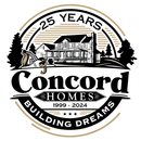 Concord Homes 25-year anniversary logo with house, trees, and “Building Dreams” text