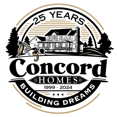 Concord Homes 25-year anniversary logo with house, trees, and “Building Dreams” text