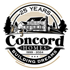 Concord Homes 25-year anniversary logo with house, trees, and “Building Dreams” text