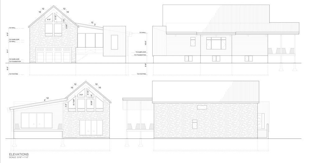 Architectural elevation drawings of a house from multiple views, showing roof, windows, and stone exterior.
