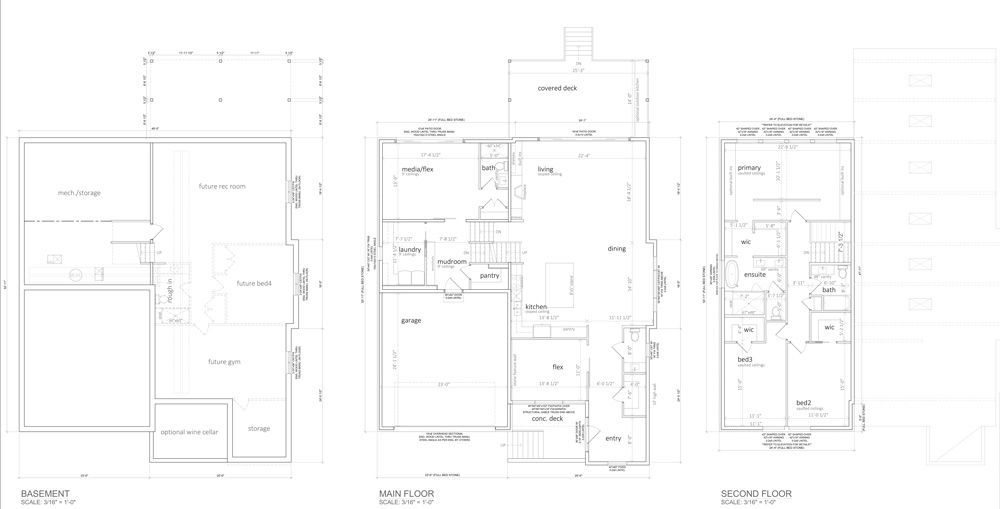 Technical floor plan drawings with three layout views and room labels on a white background