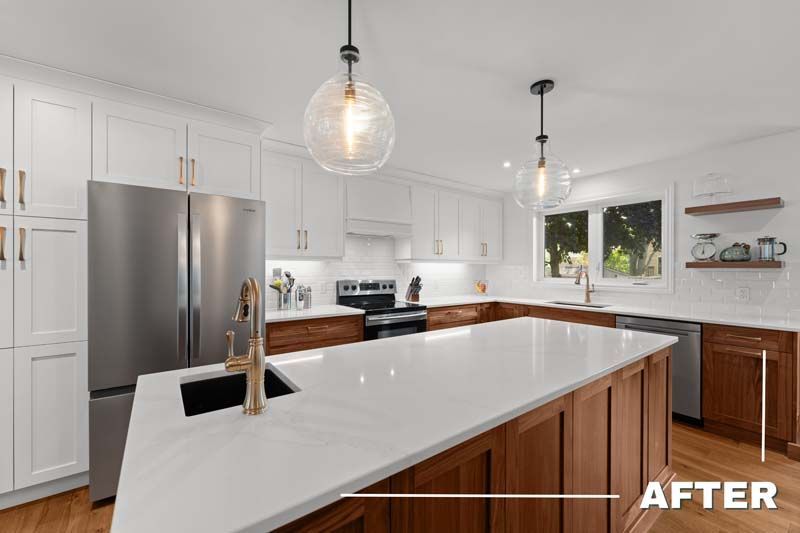 Bright white kitchen with stainless fridge, wood island, and pendant lights, labeled “AFTER”