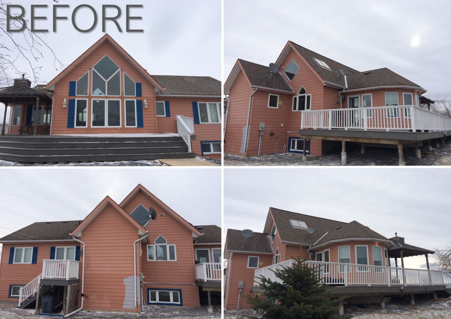 Collage of a house exterior before renovation, showing four views of the same tan home with a deck and large windows