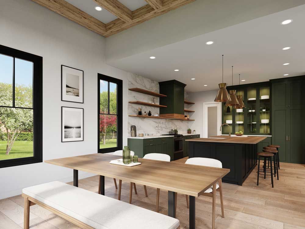 Modern kitchen and dining area with dark cabinets, wood table, white chairs, and large windows