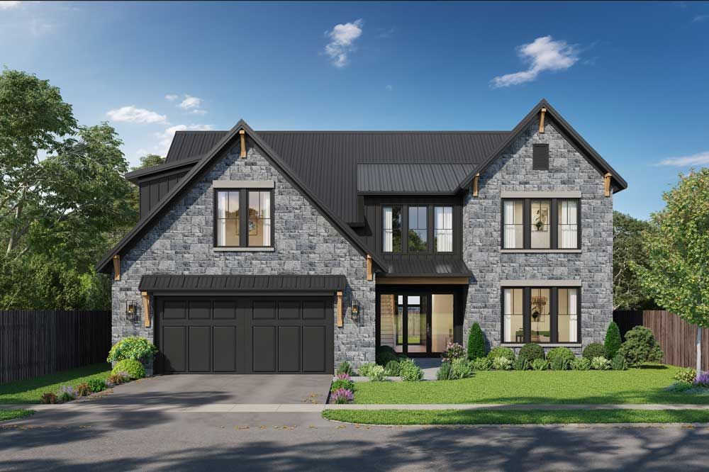 Modern two-story stone house with dark roof, black garage, and landscaped front yard under a blue sky