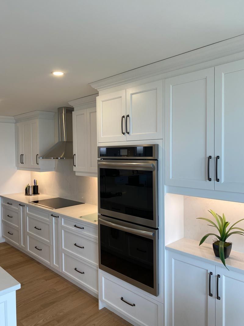 Bright white modern kitchen with built-in oven, cabinets, stove, and a potted plant on the counter.